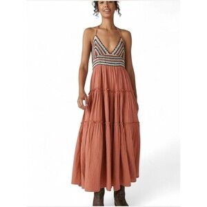 LUCKY‎ BRAND BURNT ORANGE LONG DRESS WIHT CROTCHE BODICE SZ XL